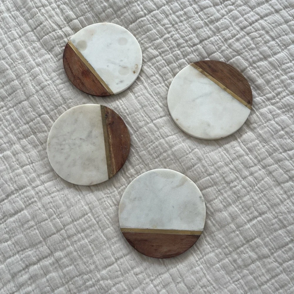 Hand Carved‎ Marble Brass & Wood Coasters - Set of 4